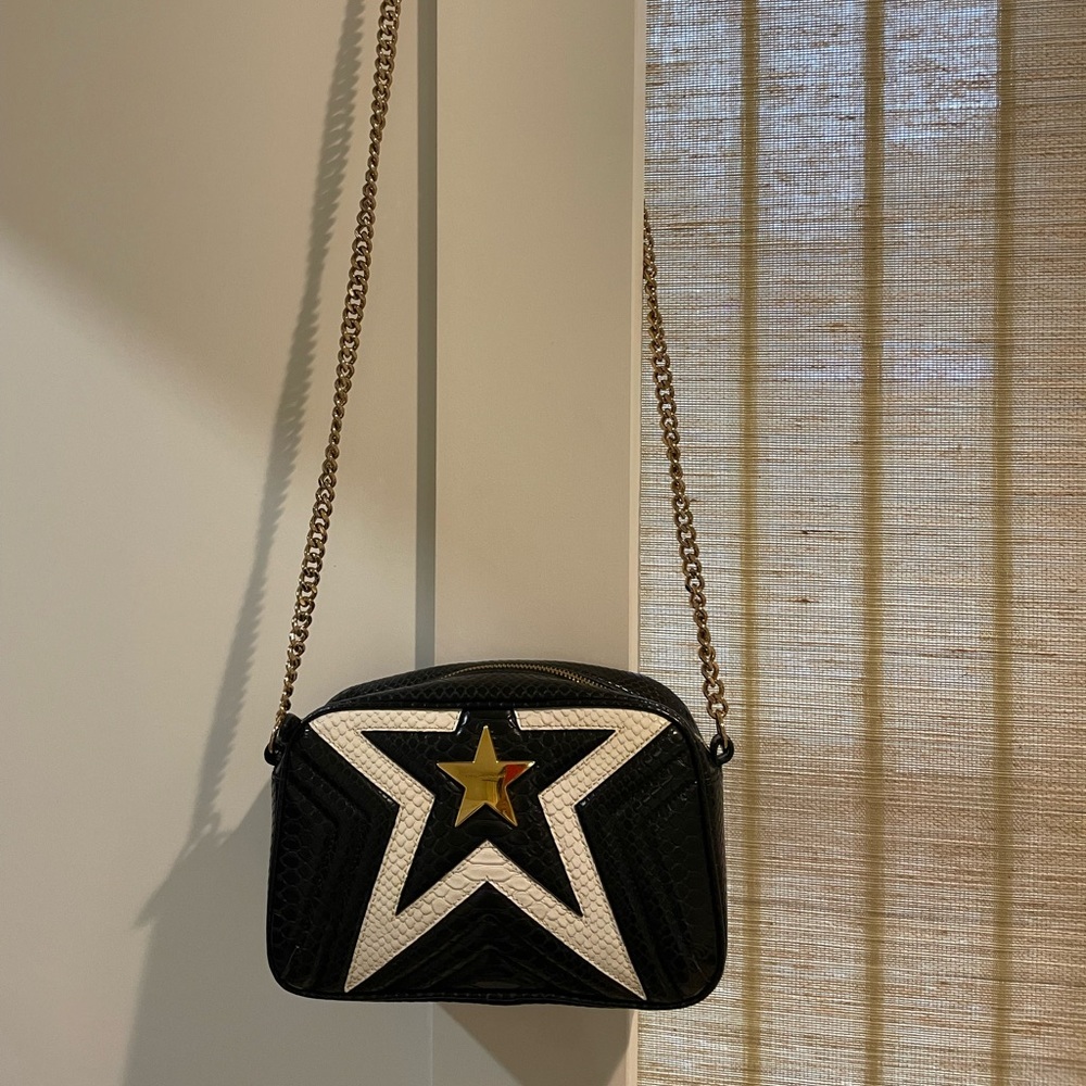 Stella McCartney White/Black Python Embossed Faux Leather Star Crossbody…